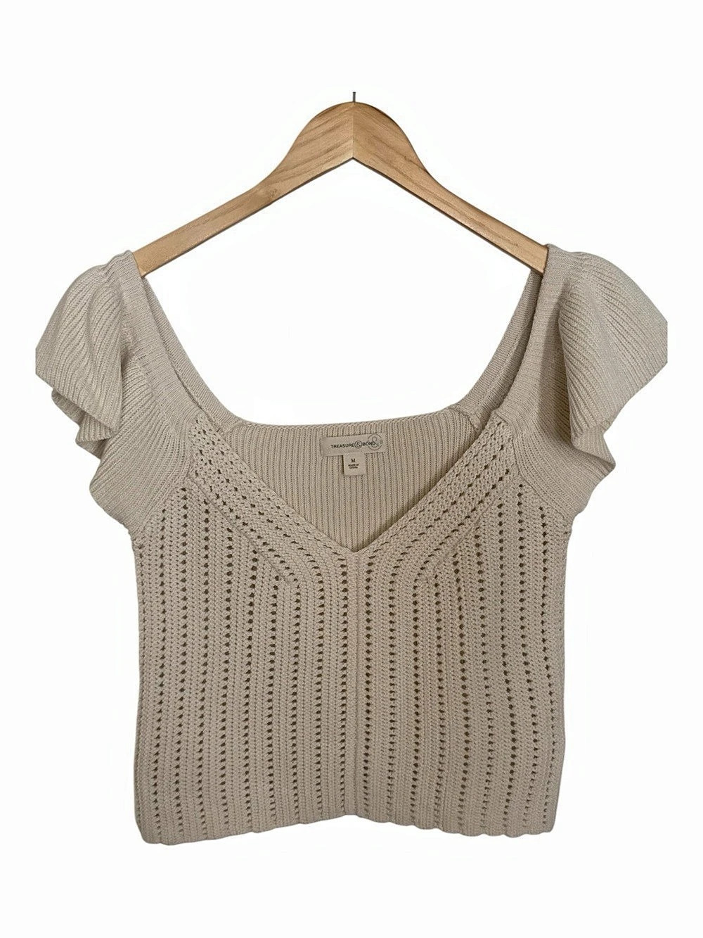 Treasure & Bond Knit Pointelle V Neck Flutter Sleeve Sweater Cream Size Medium